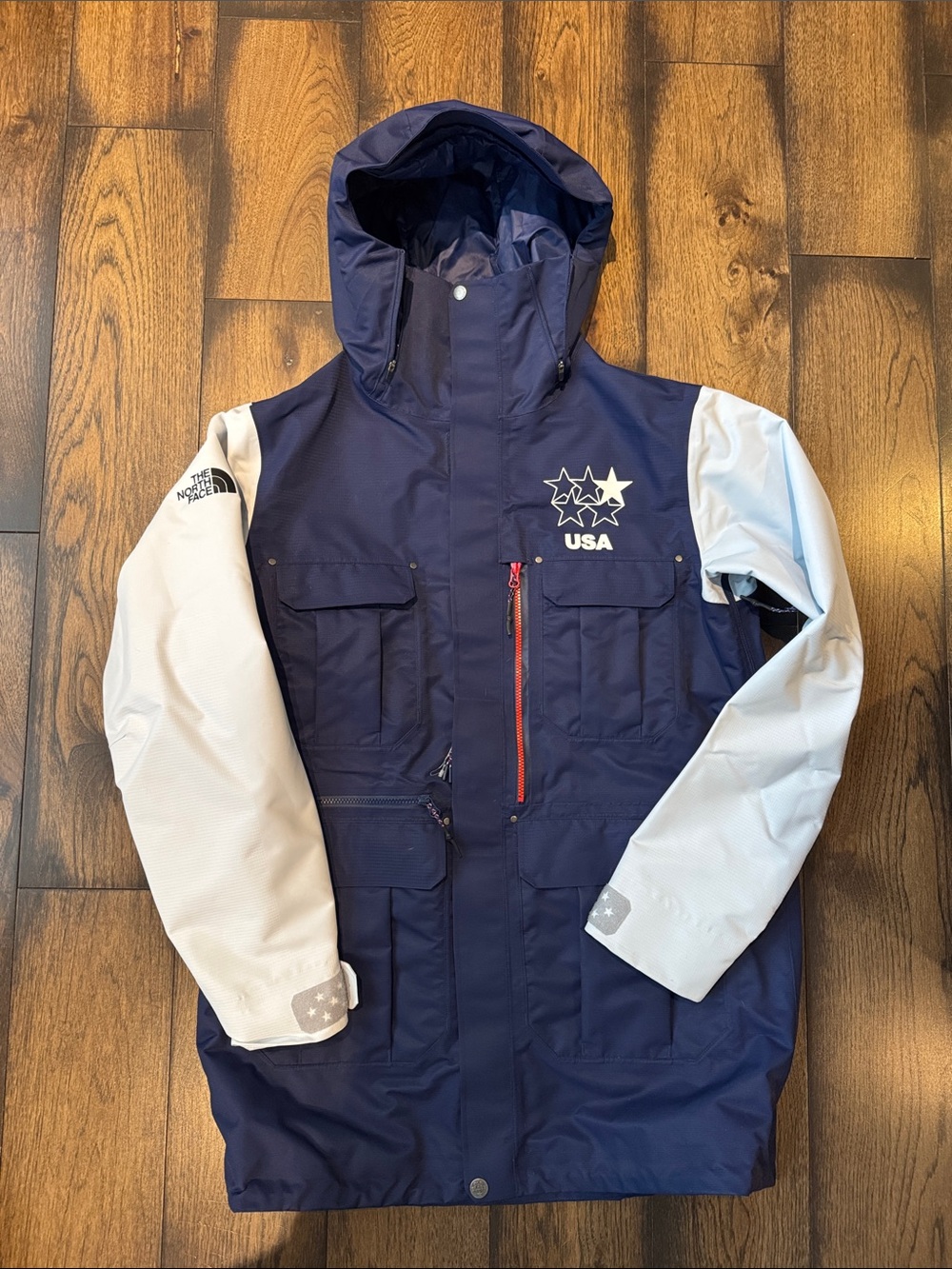 The North Face Navy and White USA Hooded Ski Jacket with Red Zip